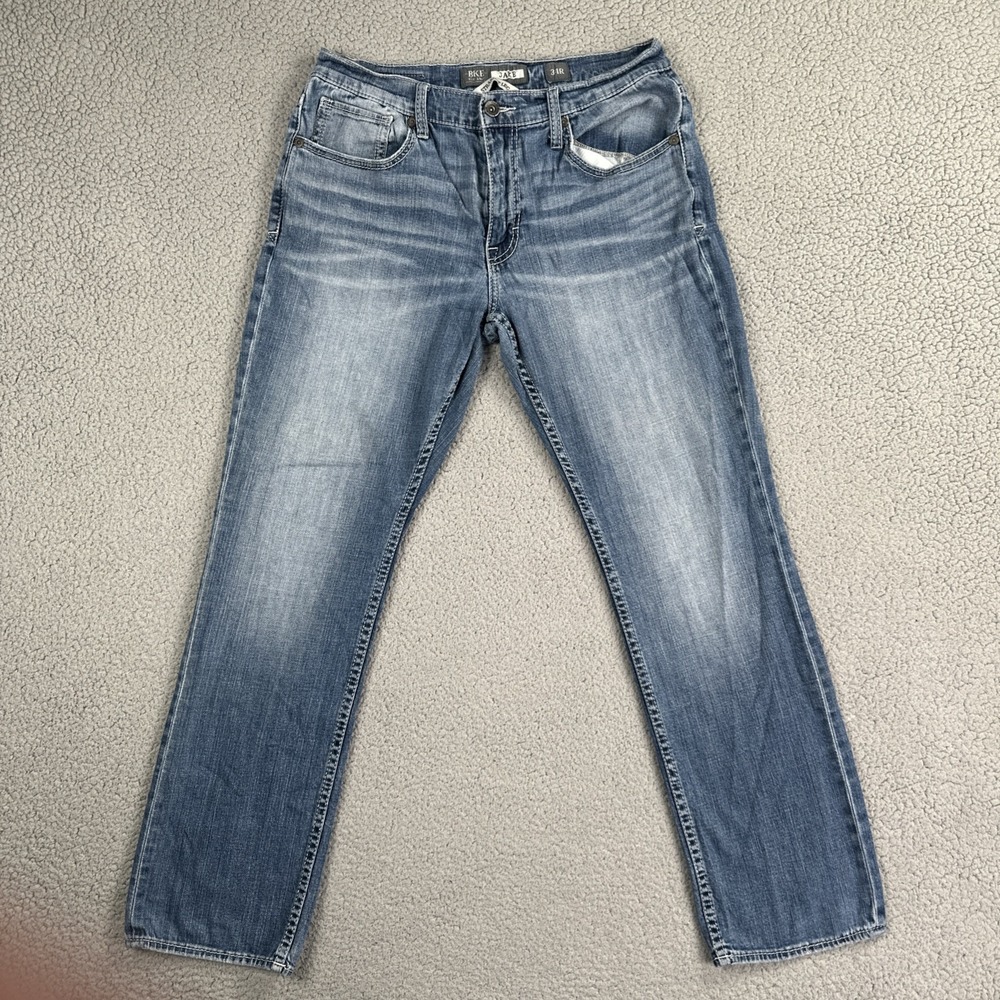 BKE Buckle Jake Straight Jeans Men 34R Blue Stretch Whiskered Distressed